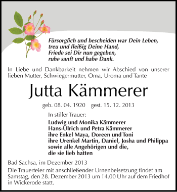 Traueranzeige von Jutta Kämmerer von Mitteldeutsche Zeitung Sangerhausen