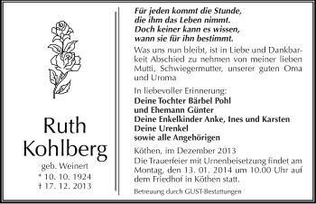 Traueranzeige von Ruth Kohlberg von Mitteldeutsche Zeitung Köthen