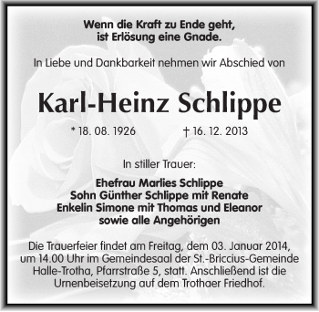 Traueranzeige von Karl-Heinz Schlippe von Mitteldeutsche Zeitung Halle/Saalkreis