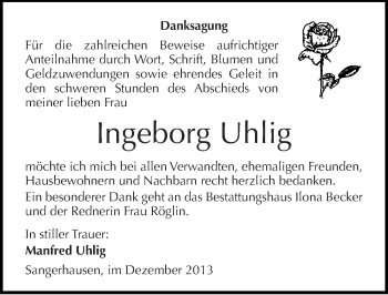 Traueranzeige von Ingeborg Uhlig von Mitteldeutsche Zeitung Sangerhausen