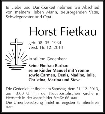 Traueranzeige von Horst Fietkau von Mitteldeutsche Zeitung Mansfelder Land