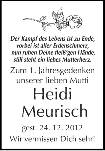 Traueranzeige von Heidi Meurisch von Mitteldeutsche Zeitung Dessau-Roßlau