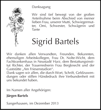 Traueranzeige von Sigrid Bartels von Mitteldeutsche Zeitung Sangerhausen