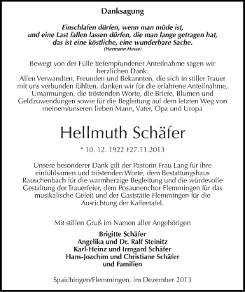 Traueranzeige von Hellmuth Schäfer von Mitteldeutsche Zeitung Naumburg/Nebra
