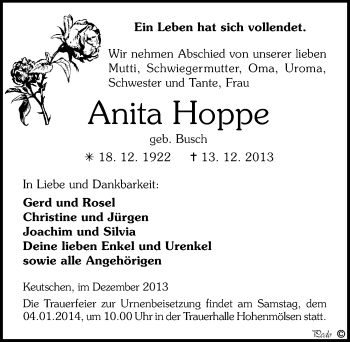 Traueranzeige von Anita Hoppe von Mitteldeutsche Zeitung Weißenfels