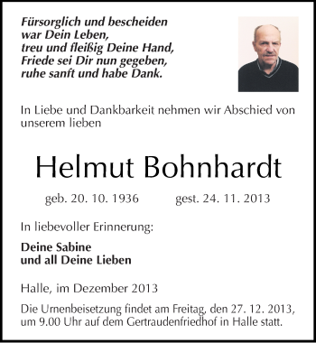 Traueranzeige von Helmut Bohnhardt von Mitteldeutsche Zeitung Halle/Saalkreis