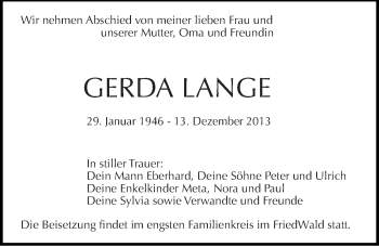 Traueranzeige von Gerda Lange von Mitteldeutsche Zeitung Dessau-Roßlau