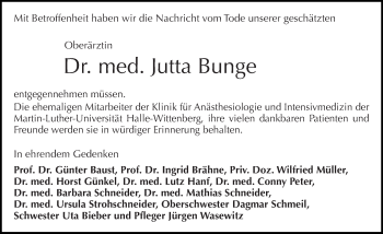 Traueranzeige von Jutta Bunge von Mitteldeutsche Zeitung Halle/Saalkreis
