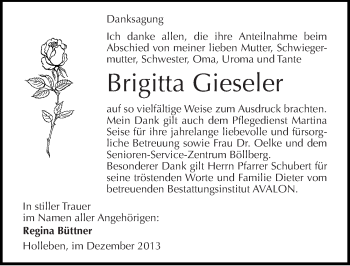 Traueranzeige von Brigitta Gieseler von Mitteldeutsche Zeitung Halle/Saalkreis