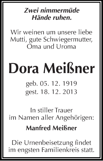Traueranzeige von Dora Meißner von Mitteldeutsche Zeitung Halle/Saalkreis