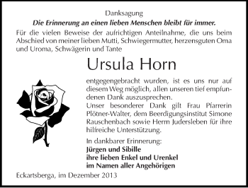 Traueranzeige von Ursula Horn von Mitteldeutsche Zeitung Naumburg/Nebra