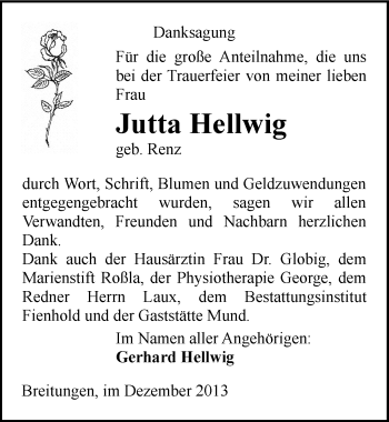 Traueranzeige von Jutta Hellwig von Mitteldeutsche Zeitung Sangerhausen