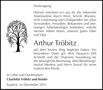 Traueranzeige von Arthur Tröbitz von Mitteldeutsche Zeitung Naumburg/Nebra