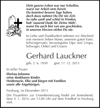 Traueranzeige von Gerhard Lauckner von Mitteldeutsche Zeitung Naumburg/Nebra