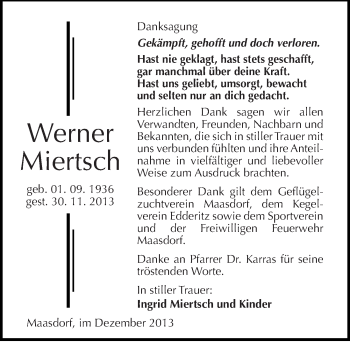 Traueranzeige von Werner Miertsch von Mitteldeutsche Zeitung Köthen