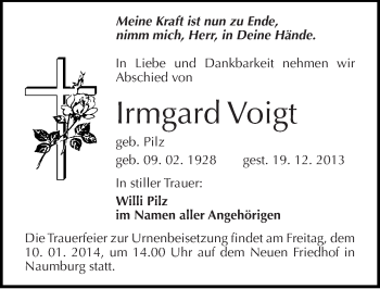 Traueranzeige von Irmgard Voigt von Mitteldeutsche Zeitung Naumburg/Nebra