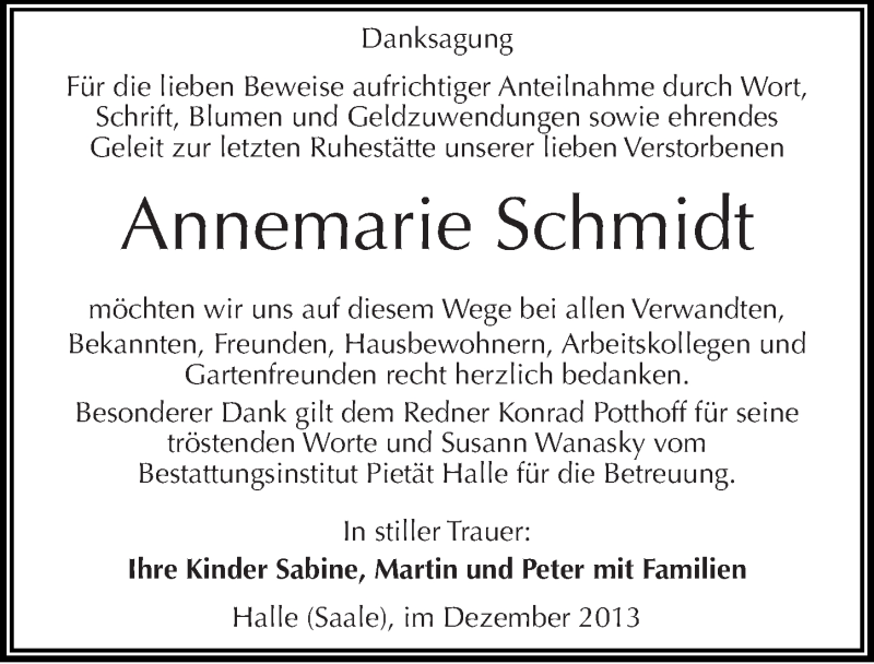  Traueranzeige für Annemarie Schmidt vom 28.12.2013 aus Mitteldeutsche Zeitung Halle/Saalkreis