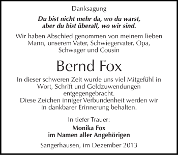 Traueranzeige von Bernd Fox von Mitteldeutsche Zeitung Sangerhausen