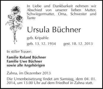 Traueranzeige von Ursula Büchner von Mitteldeutsche Zeitung Wittenberg