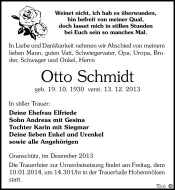 Traueranzeige von Otto Schmidt von Mitteldeutsche Zeitung Weißenfels