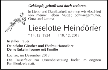 Traueranzeige von Lieselotte Heindörfer von Mitteldeutsche Zeitung Halle/Saalkreis