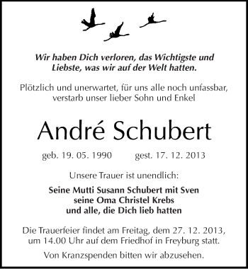 Traueranzeige von André Schubert von Mitteldeutsche Zeitung Naumburg/Nebra