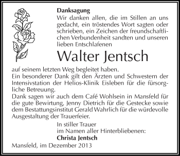Traueranzeige von Walter Jentsch von Mitteldeutsche Zeitung Mansfelder Land