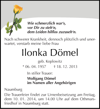 Traueranzeige von Ilonka Dömel von Mitteldeutsche Zeitung Naumburg/Nebra