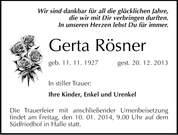 Traueranzeige von Gerta Rösner von Mitteldeutsche Zeitung Halle/Saalkreis