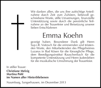 Traueranzeige von Emma Koehn von Mitteldeutsche Zeitung