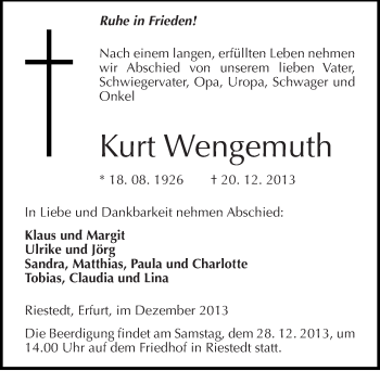 Traueranzeige von Kurt Wengemuth von Mitteldeutsche Zeitung Sangerhausen