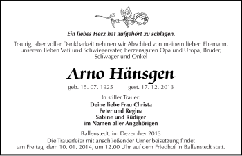 Traueranzeige von Arno Hänsgen von Mitteldeutsche Zeitung Quedlinburg