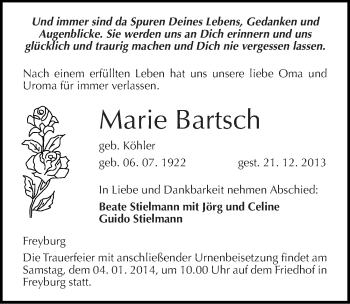 Traueranzeige von Marie Bartsch von Mitteldeutsche Zeitung Naumburg/Nebra