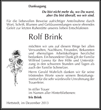 Traueranzeige von Rolf Brink von Mitteldeutsche Zeitung Mansfelder Land