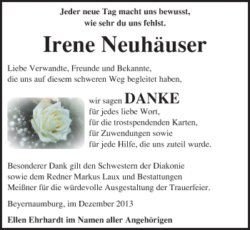 Traueranzeige von Irene Neuhäuser von Mitteldeutsche Zeitung Sangerhausen