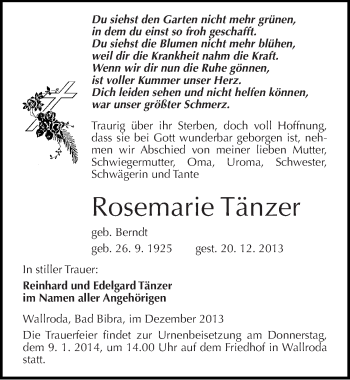 Traueranzeige von Rosemarie Tänzer von Mitteldeutsche Zeitung Naumburg/Nebra