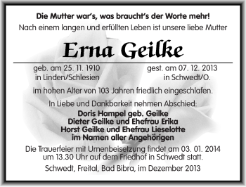 Traueranzeige von Erna Geilke von Mitteldeutsche Zeitung Köthen