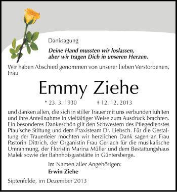 Traueranzeige von Emmy Ziehe von Mitteldeutsche Zeitung Quedlinburg