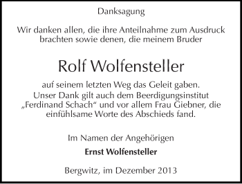 Traueranzeige von Rolf Wolfensteller von Mitteldeutsche Zeitung Wittenberg