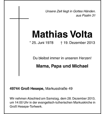 Traueranzeige von Mathias Volta von Mitteldeutsche Zeitung Aschersleben