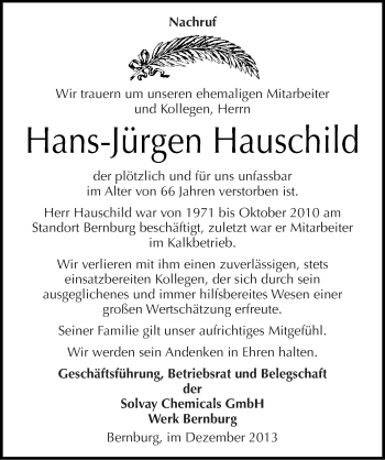 Traueranzeige von Hans-Jürgen Hauschild von Mitteldeutsche Zeitung Bernburg
