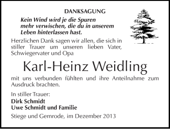 Traueranzeige von Karl-Heinz Weidling von Mitteldeutsche Zeitung Quedlinburg