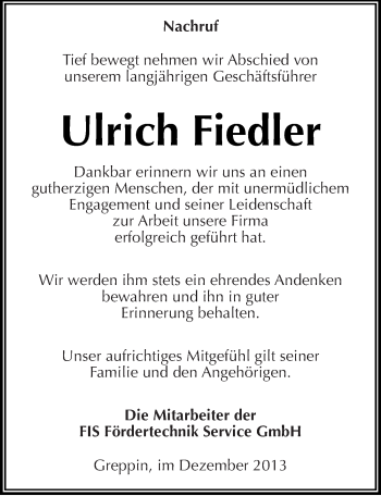 Traueranzeige von Ulrich Fiedler von Mitteldeutsche Zeitung