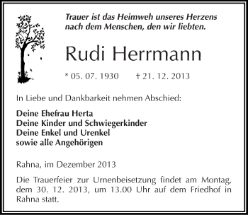 Traueranzeige von Rudi Herrmann von Mitteldeutsche Zeitung Weißenfels