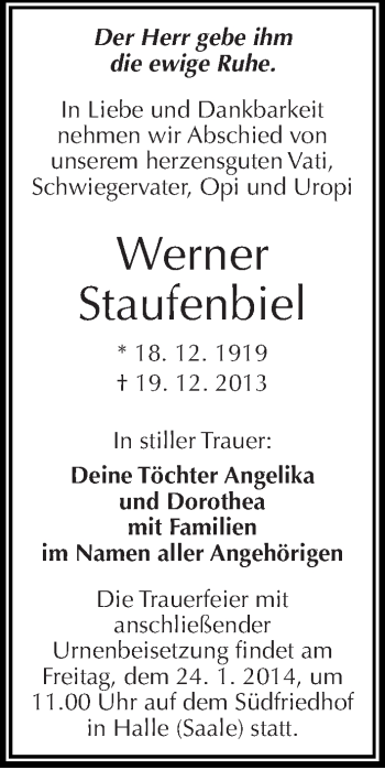 Traueranzeige von Werner Staufenbiel von Mitteldeutsche Zeitung Halle/Saalkreis