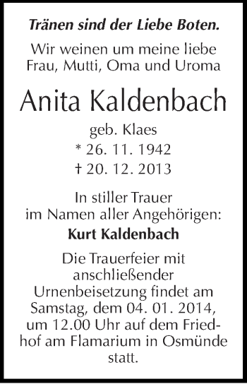 Traueranzeige von Anita Kaldenbach von Mitteldeutsche Zeitung Halle/Saalkreis
