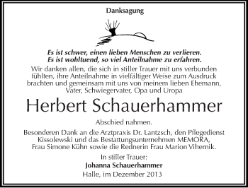 Traueranzeige von Herbert Schauerhammer von Mitteldeutsche Zeitung Halle/Saalkreis