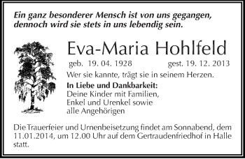Traueranzeige von Eva-Maria Hohlfeld von Mitteldeutsche Zeitung Halle/Saalkreis