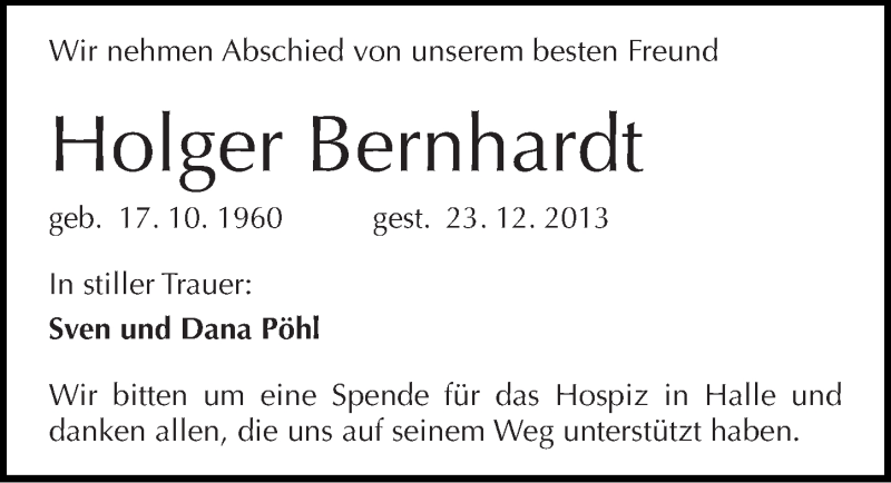  Traueranzeige für Holger Bernhardt vom 27.12.2013 aus Mitteldeutsche Zeitung Halle/Saalkreis