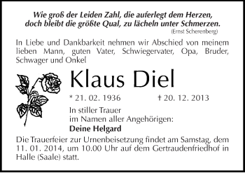Traueranzeige von Klaus Diel von Mitteldeutsche Zeitung Halle/Saalkreis